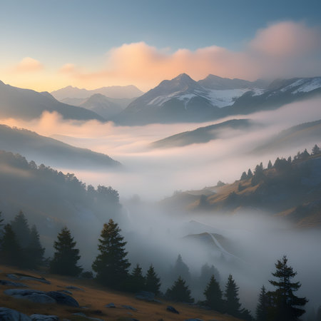 Foggy morning in the mountains. Beautiful landscape with foggy valley.の素材