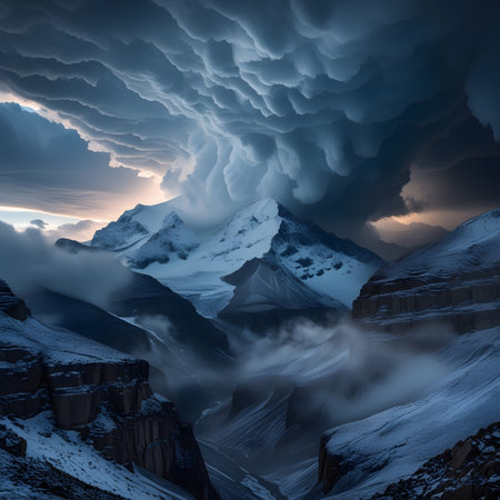 Mountain landscape with snow-capped peaks in the clouds at sunsetの素材