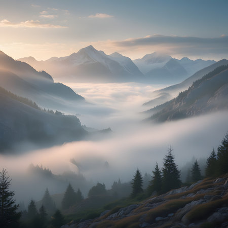 Mountain landscape with fog in the valley at sunrise. Dramatic sky.の素材