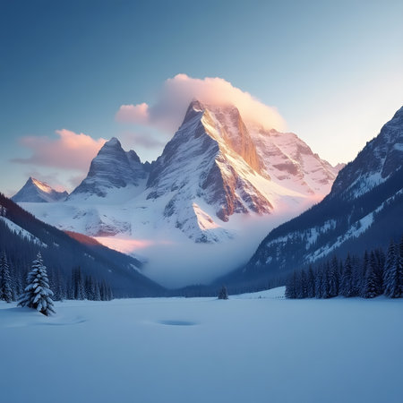 Fantastic winter landscape with snow covered mountains and blue sky.の素材