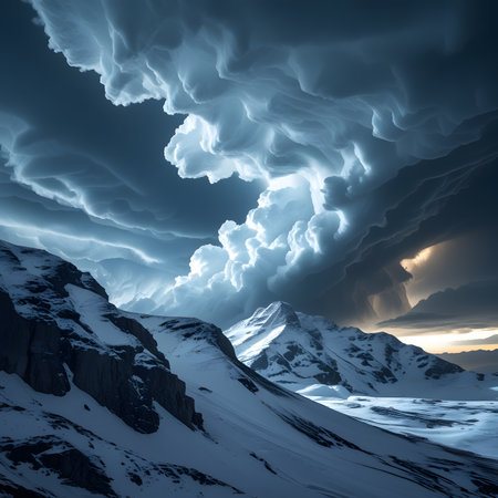 Dramatic stormy sky over snowy mountains. 3D Renderingの素材