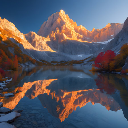 Beautiful alpine lake in autumn with reflection of mountains in waterの素材