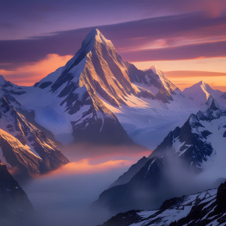 Mountain landscape at sunset. Beautiful view of the peaks of the mountains.の素材