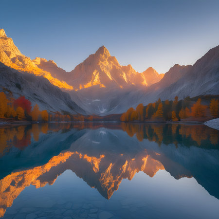 Mountain lake in the autumn. The reflection of the mountains in the water.の素材