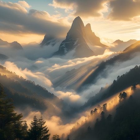 Mountain landscape with fog and sunbeams in the morning.の素材