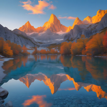 Mountains reflected in the lake. Colorful autumn landscape. Sunriseの素材