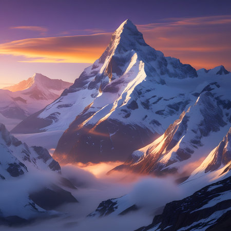 Beautiful alpine landscape with mountains peaks and clouds at sunset.の素材