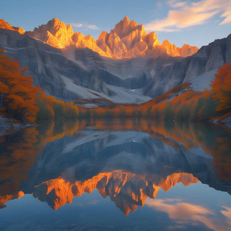 Mountain lake at sunset with reflection in water. Autumn landscape.の素材