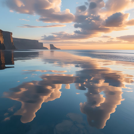 Fantastic sunset over the sea. Dramatic sky. Beauty world. 3D illustrationの素材