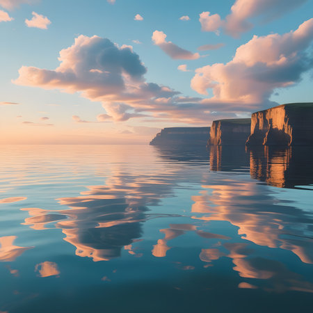 Beautiful seascape with cliffs at sunset. 3d renderingの素材