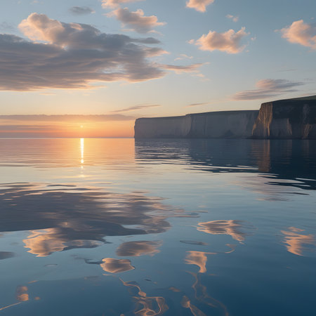 Picturesque seascape with cliffs and sea water at sunsetの素材