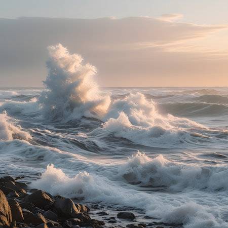 beautiful seascape with big waves on the beach at sunsetの素材