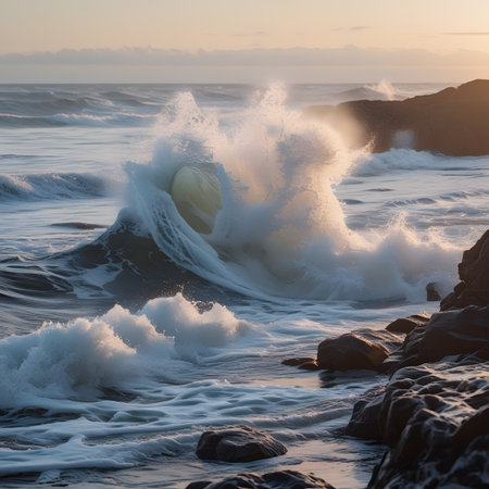 Waves breaking on the rocks in the Atlantic Ocean at sunrise.の素材