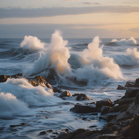 Beautiful seascape with big waves at sunset. Toned.の素材