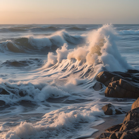 Beautiful seascape with waves crashing on the rocks at sunsetの素材