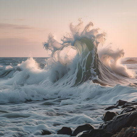 Beautiful seascape with wave breaking on the rocks at sunsetの素材