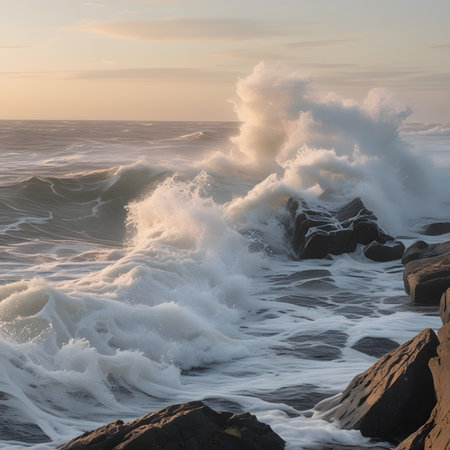 Beautiful seascape with waves crashing on the rocks at sunsetの素材