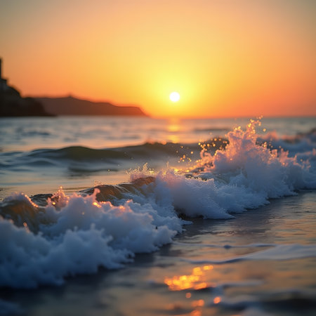 Beautiful sunset over the sea. Shallow depth of field.の素材