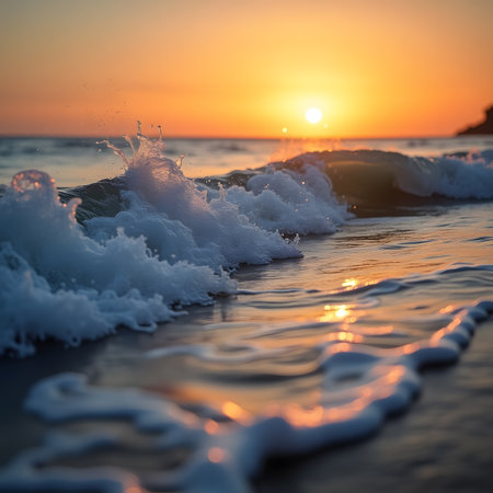 Beautiful sunset on the beach with sea waves. Soft focus.の素材