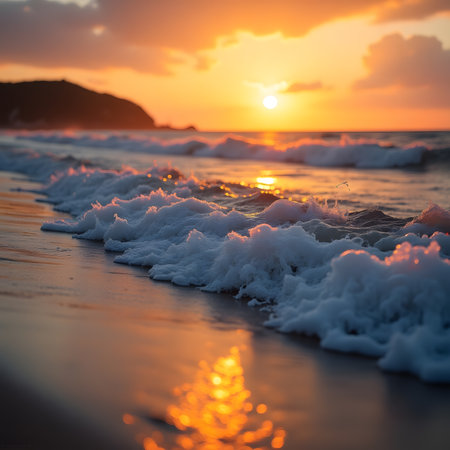 Beautiful seascape. Sea waves on the beach at sunset.の素材