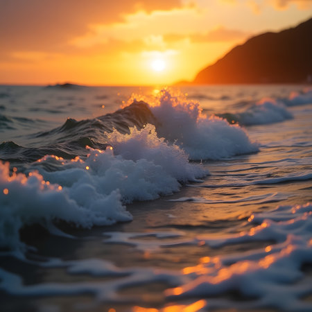 Beautiful sunset over the sea. Sea waves on the beach.の素材