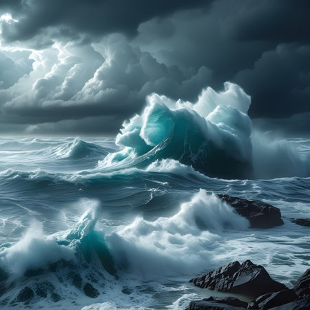Stormy sea. Dramatic stormy sky. 3D illustrationの素材