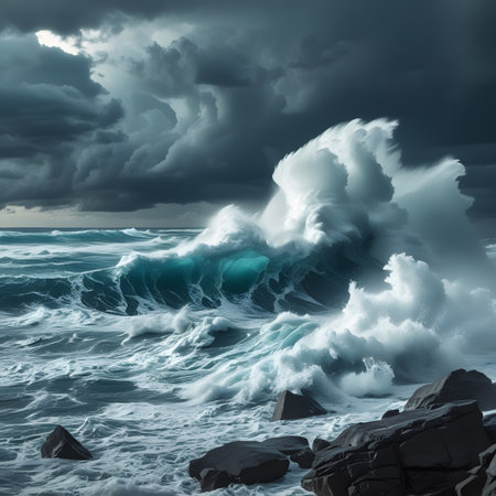 Stormy seascape with stormy sky and huge waves.の素材