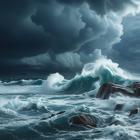Stormy sea. Dramatic sky. Epic seascape. 3D renderingの素材