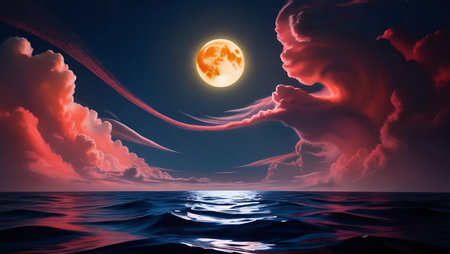 Fantasy landscape with full moon, sea and clouds. 3d renderの素材