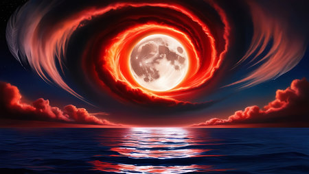 Fiery red moon over the sea, 3d render, illustrationの素材