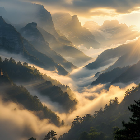 Sunrise in the misty valley of Huangshan, Chinaの素材