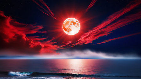 Fantasy landscape with red moon and sea. 3d illustration.の素材