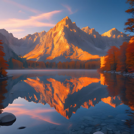 Beautiful autumn landscape with mountain lake and reflection in water at sunsetの素材