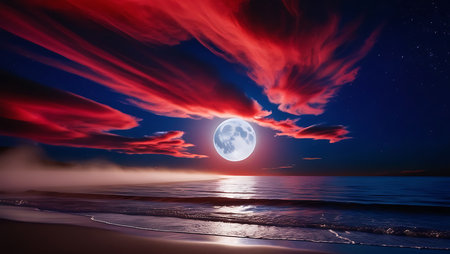 Beautiful night landscape with full moon over the sea and sky.の素材