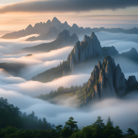 Beautiful mountain landscape with fog. Sunrise in the mountains. Dramatic scene.の素材