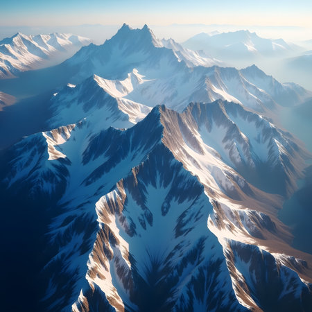 Aerial view of snowy mountains. Computer generated 3D photo rendering.の素材