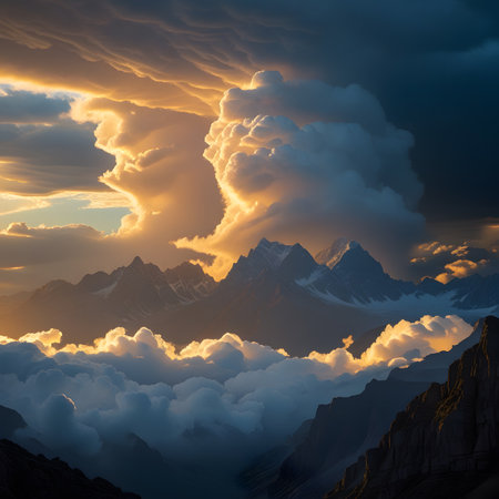 Mountain landscape with clouds at sunset. 3d render illustration.の素材