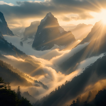 Sunset in the Italian Dolomites with fog and mist.の素材