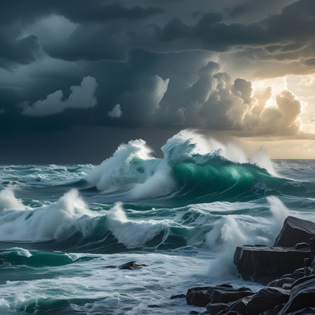 Stormy seascape with big waves. Dramatic sky.の素材