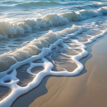 Beautiful seascape. Waves on the sandy beach at sunset.の素材