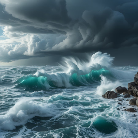 Stormy sea. Dramatic stormy sky. Epic seascape. 3D renderingの素材