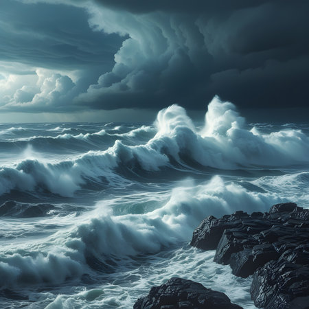 Stormy sea. Dramatic sky with stormy waves. 3D illustrationの素材