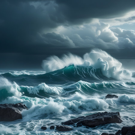 Stormy seascape. Dramatic sky, stormy ocean waves. Epic seascape. 3D renderingの素材