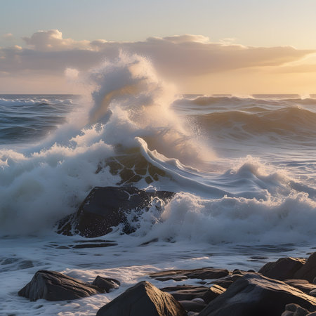 Seascape with stormy waves at sunset. Nature composition.の素材