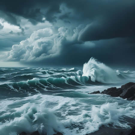 Stormy sea. Stormy weather. Dramatic sky. Epic seascape. 3D renderingの素材