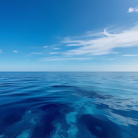 Blue sea surface and sky with clouds reflected in water. 3D illustrationの素材