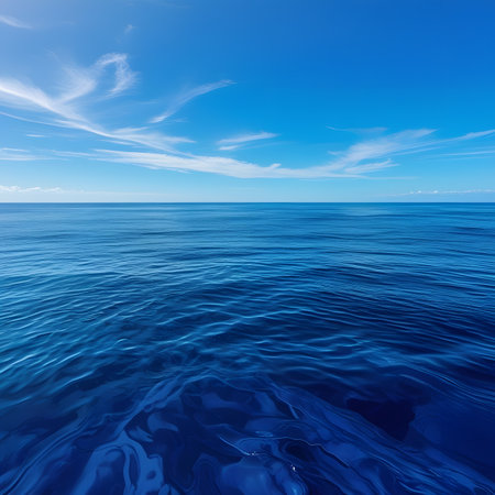 Blue sea and sky with clouds reflected in water. 3D illustrationの素材