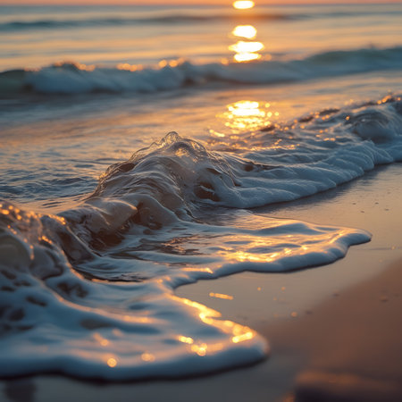 Soft wave of the sea on the sandy beach at sunset time.の素材