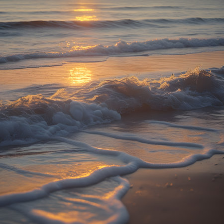 Beautiful sunset on the beach with waves and foam in the foregroundの素材