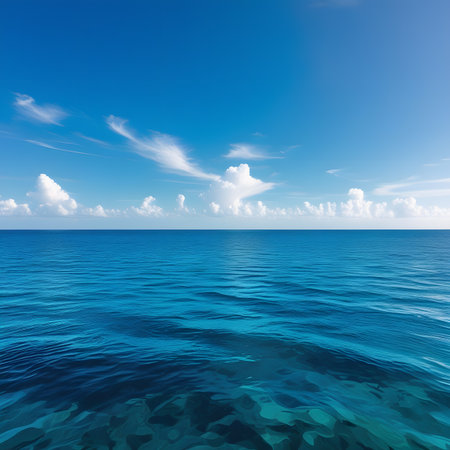 Beautiful seascape with blue sky and clouds reflected in waterの素材